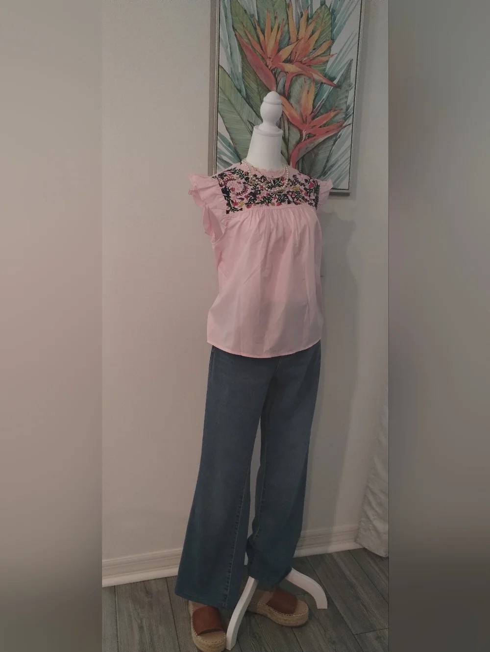 Embroidered Pink Flutter Sleeve Women’s Top - Picture 3 of 6